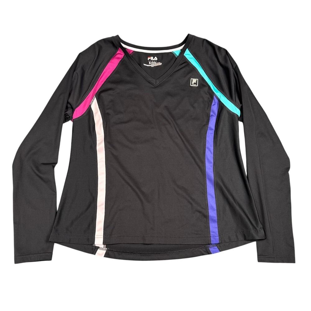 Fila Sport Womens XL Black Long Sleeve VNeck Athletic Top Colorblock Stripes 824